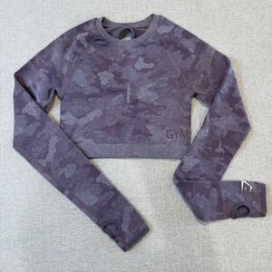 Gymshark Adapt Camo Seamless Long Sleeve Crop Top Purple Keyhole Back Small